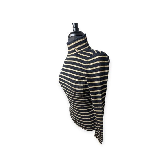 Lauren Ralph Lauren Black & Gold Tone Striped Ribbed Turtleneck Top Size Medium - Picture 3 of 12